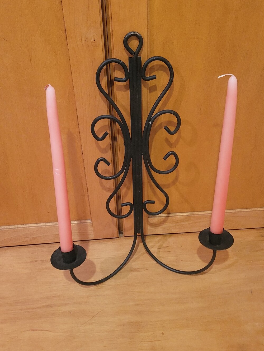 Vintage Wrought Iron Wall Double Candle Sconce Holder ~Black ~Scrolls 18"  x 12"